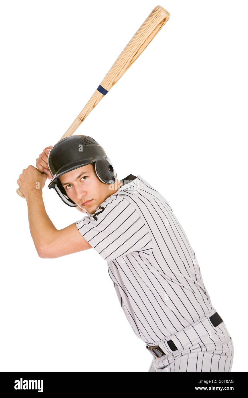 Isoliert auf weiße Serie von zwei Männern in Baseball Uniformen, in verschiedenen Posen mit Requisiten. Stockfoto