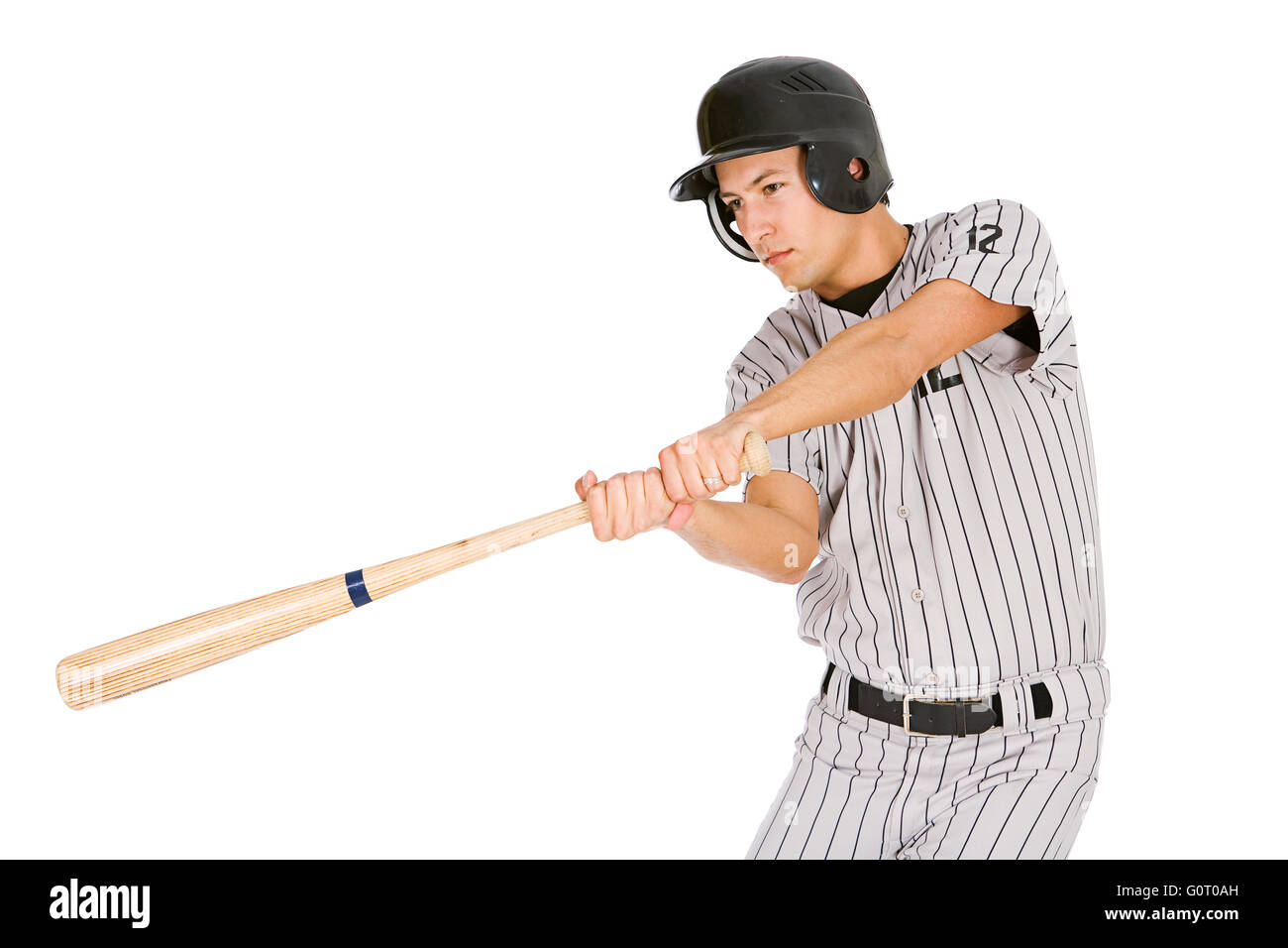 Isoliert auf weiße Serie von zwei Männern in Baseball Uniformen, in verschiedenen Posen mit Requisiten. Stockfoto