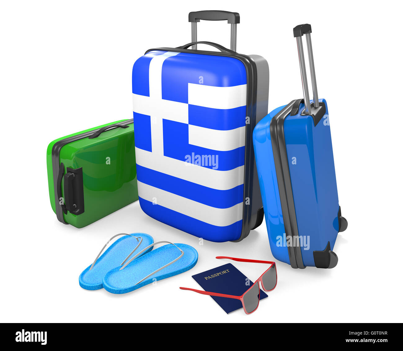 Reisen von Gepäckstücken und Zubehör für einen Urlaub, oder aus Griechenland, 3D-Rendering Stockfoto