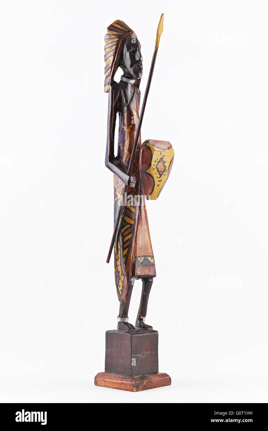 Darstellung eines Kriegers. Polychrome Holzfigur. Süd-Afrika. Afrika. Stockfoto