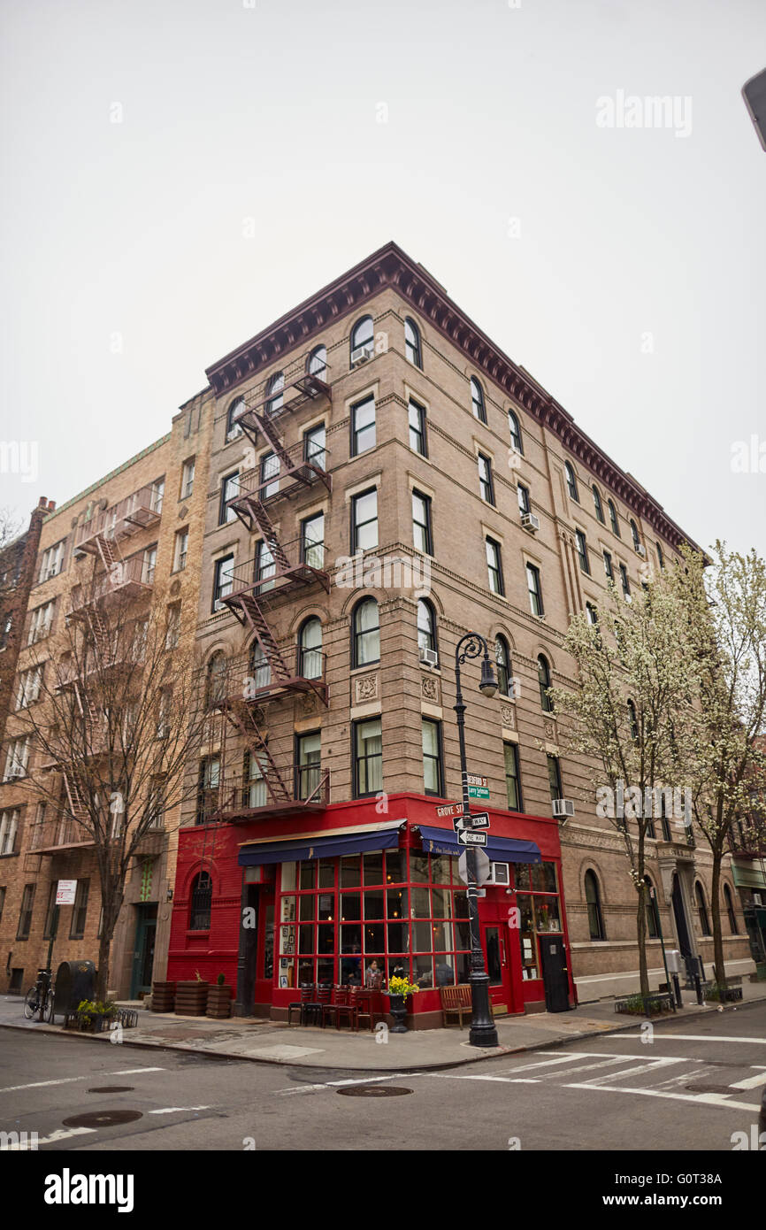 New Yorker Meatpacking District Freunde TV-Drama zeigen Sitcom Lage Wohnung äußere Bedford Street Hain Straßencafé unter Stockfoto