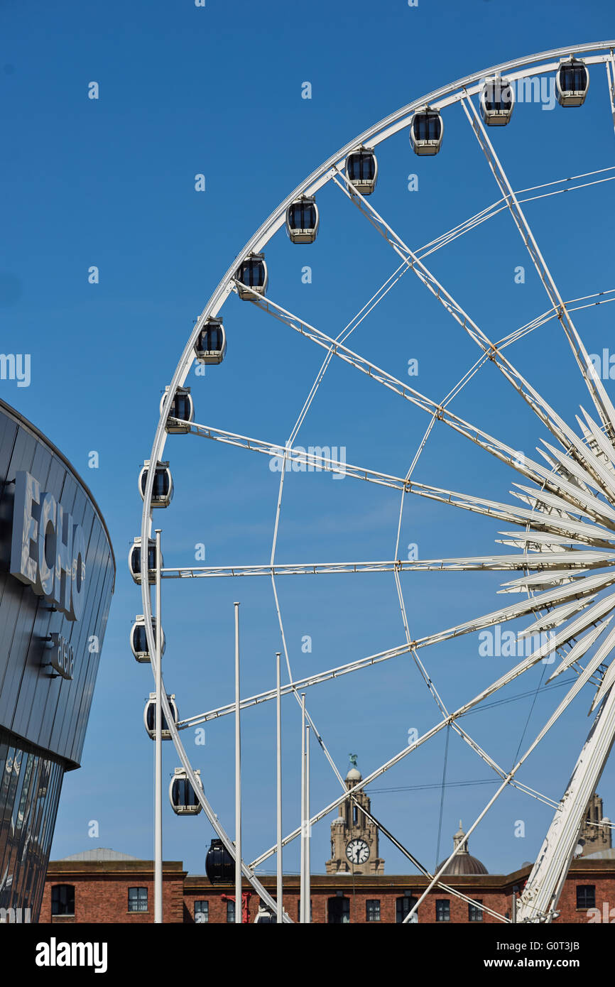 Liverpool Riesenrad Echo Arena Echo Whell von Liverpool Waterfront Riesenrad 60 Meter hoch, mit Panoramablick auf Stockfoto