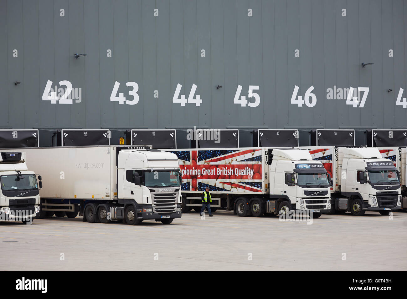 Aldi Bolton Distradution Zentrum äußere Laderampen mit LKW Stockfoto