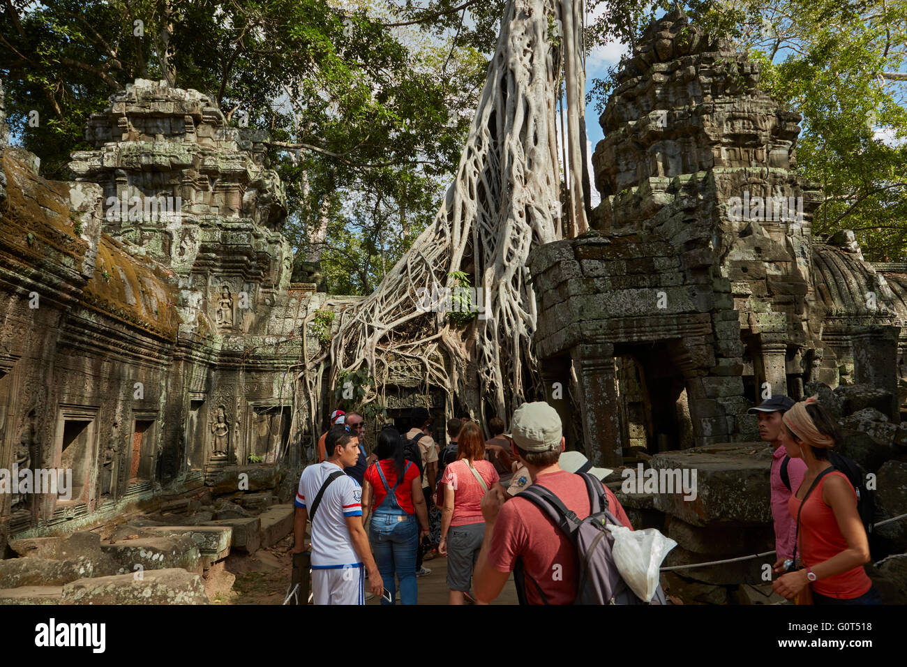 Touristen in Ta Prohm Tempelruinen (12. Jahrhundert), UNESCO-Welterbe Angkor, Siem Reap, Kambodscha Stockfoto