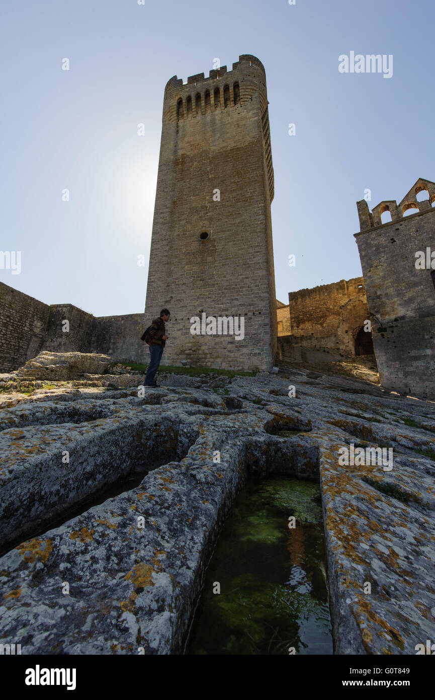 Montmajour Abbey in der Nähe von Arles. Frankreich. Felsen-Gräber in der Nähe von Pons De L'Orme Turm Stockfoto