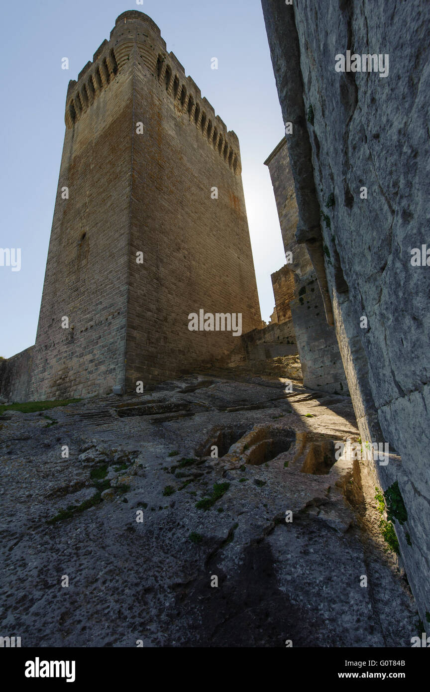 Montmajour Abbey in der Nähe von Arles. Frankreich. Felsen-Gräber in der Nähe von Pons De L'Orme Turm Stockfoto