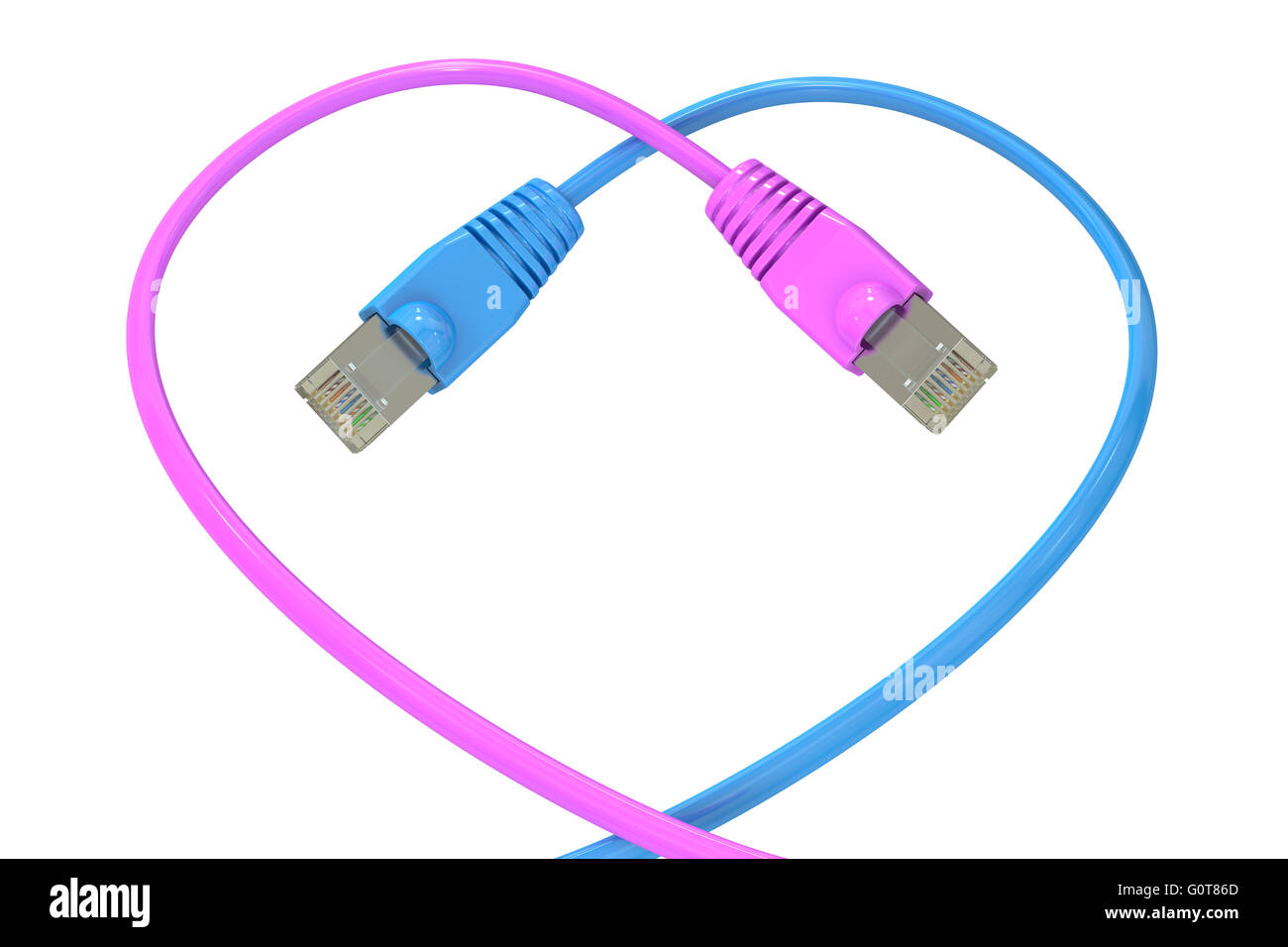 Computer-Netzwerk-Kabel in das herzförmig, 3D Rendering, isoliert auf weißem Hintergrund Stockfoto