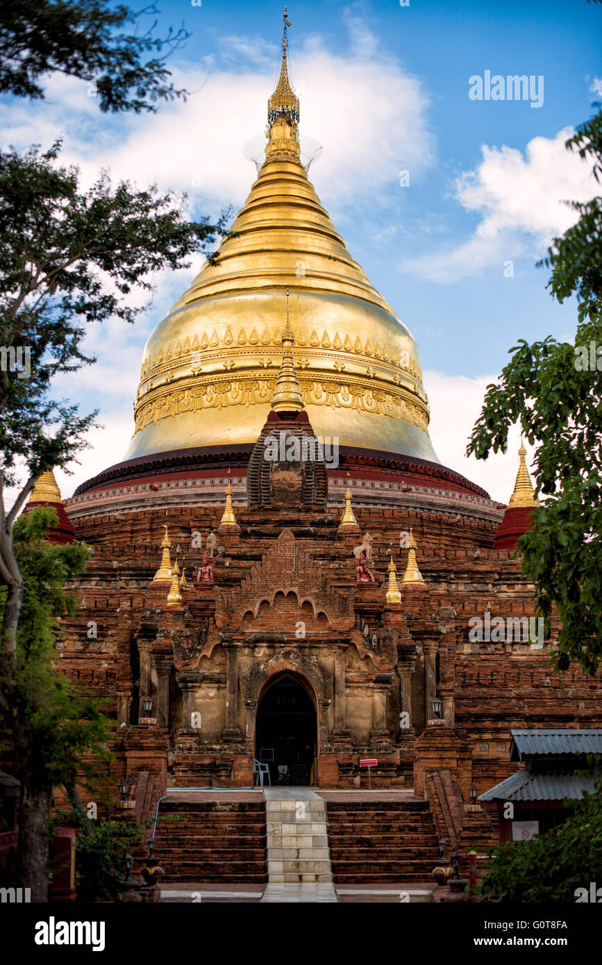 Dhammayazika Pagoda Bagan Myanmar // [Dhammayazika Pagoda] BAGAN, MYANMAR-die Dhammayazika Pagoda (auch Dhamma-ya-ka Zedi) ist ein buddhistischer Tempel im Dorf Pwasaw im südlichen Teil der Bagan-Ebene in Myanmar. Sie wurde 1196 während der Regierungszeit von König Narapatisithu erbaut. Die Pagode ist kreisförmig gestaltet und besteht aus Ziegeln. Die drei Terrassen enthalten Terrakotta-Fliesen, die Szenen aus dem Jataka illustrieren, und es ist heute mit einer großen goldenen Schirmkuppel umgebaut. Stockfoto