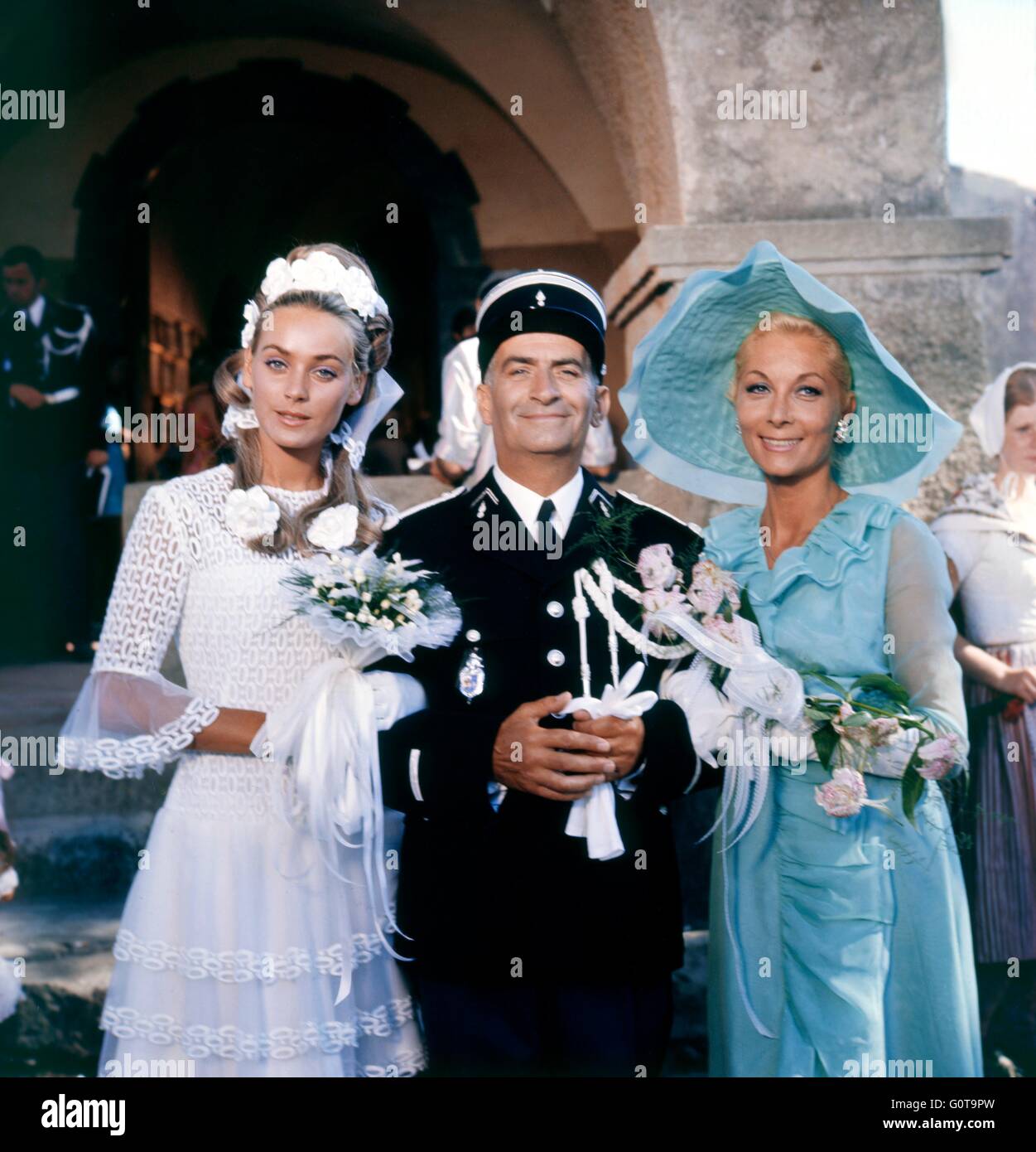 Geneviève Grad, Louis de Funès und Claude Gensac / The Troops heiraten / 1968 unter der Regie von Jean Girault (Société Nouvelle de Cinémathographie-SNC) Stockfoto