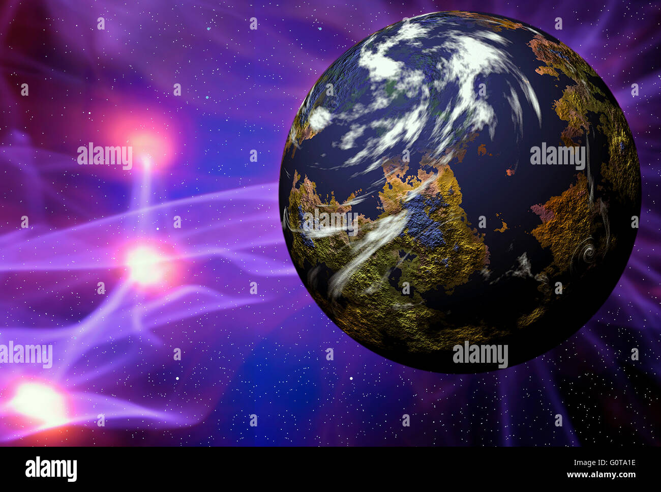 Illustration des Raum-Szene mit simulierten Planeten mit Plasma Strahlen Stockfoto