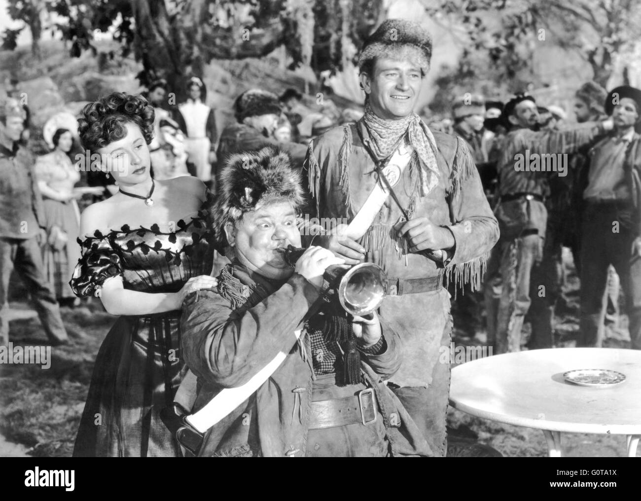 Vera Ralston, Oliver Hardy und John Wayne / The Fighting Kentuckian / 1949 unter der Regie von George Waggner (Republic Pictures) Stockfoto