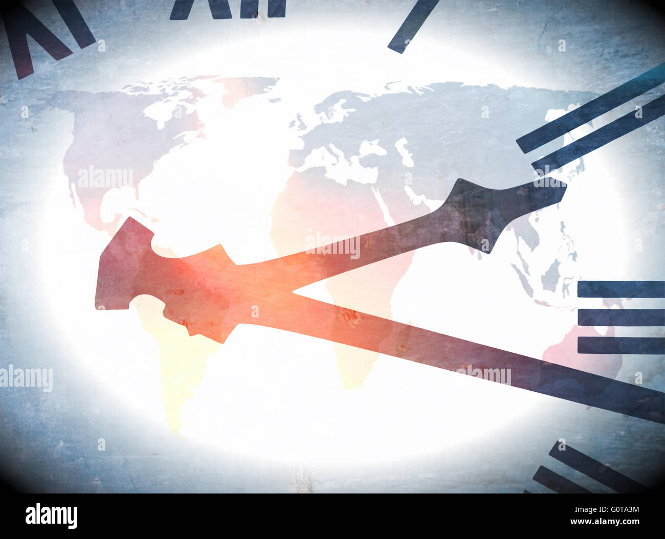 Abstraktes Bild der Uhr Gesicht über Weltkarte und überlagert mit Farbtupfer Stockfoto