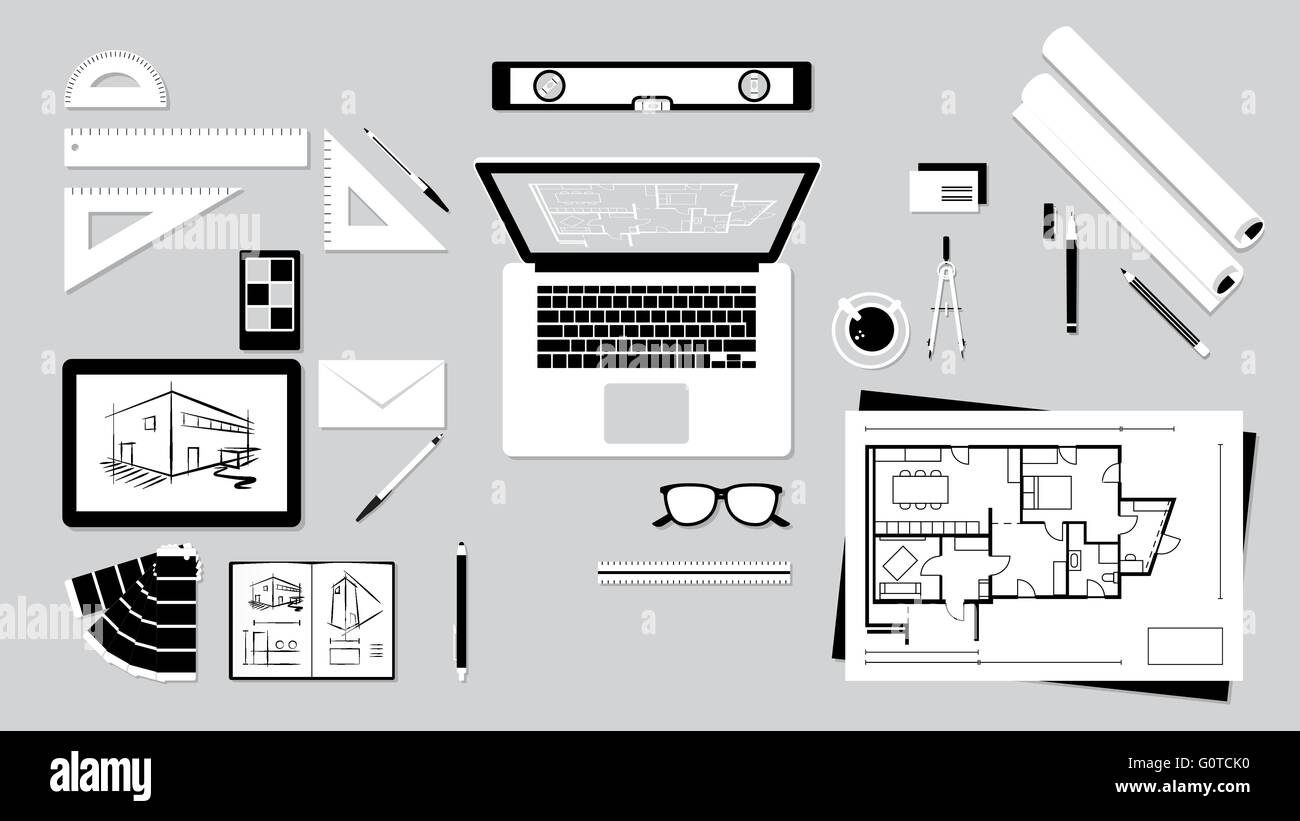Architekt und Designer Schreibtisch mit Werkzeugen, Tablets und computer Stock Vektor