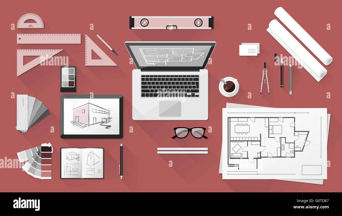 Architekt und Designer Schreibtisch mit Werkzeugen, Tablets und computer Stock Vektor