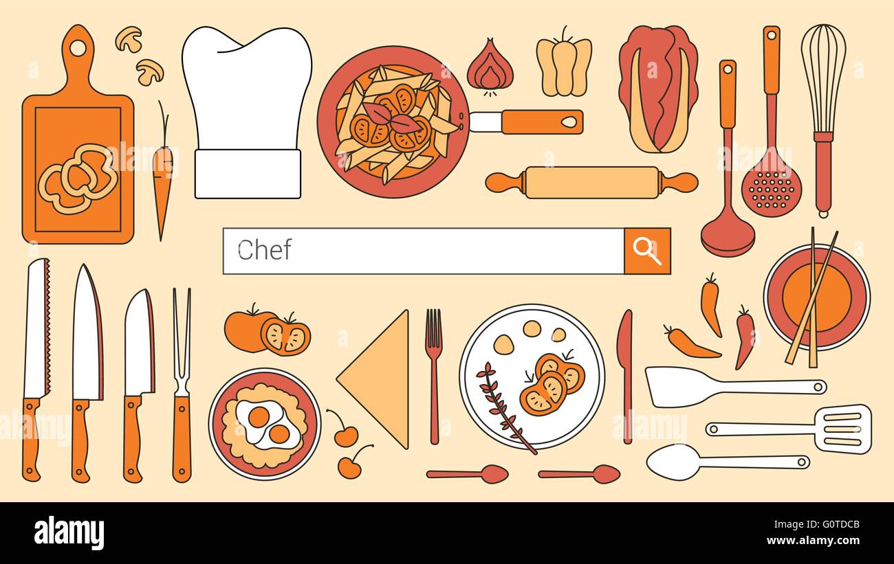 Koch, Restaurant und Küche Banner mit Suchleiste, dünne Linienobjekte und Werkzeuge Stock Vektor
