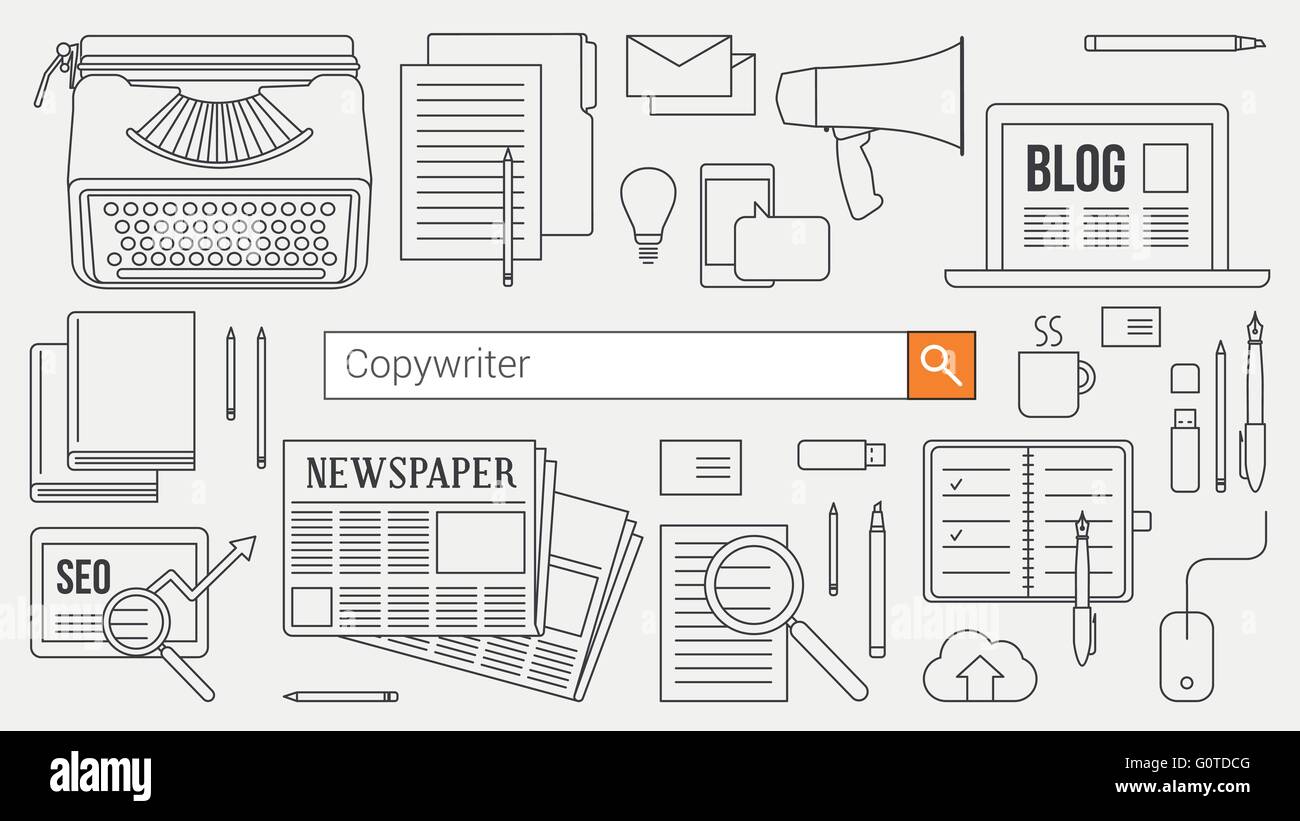 Werbetexter, Journalist und Blogger Banner mit Suchleiste, dünne Linienobjekte und Arbeitsmittel auf einem desktop Stock Vektor