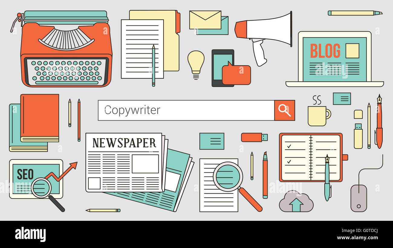 Werbetexter, Journalist und Blogger Banner mit Suchleiste, dünne Linienobjekte und Arbeitsmittel auf einem desktop Stock Vektor