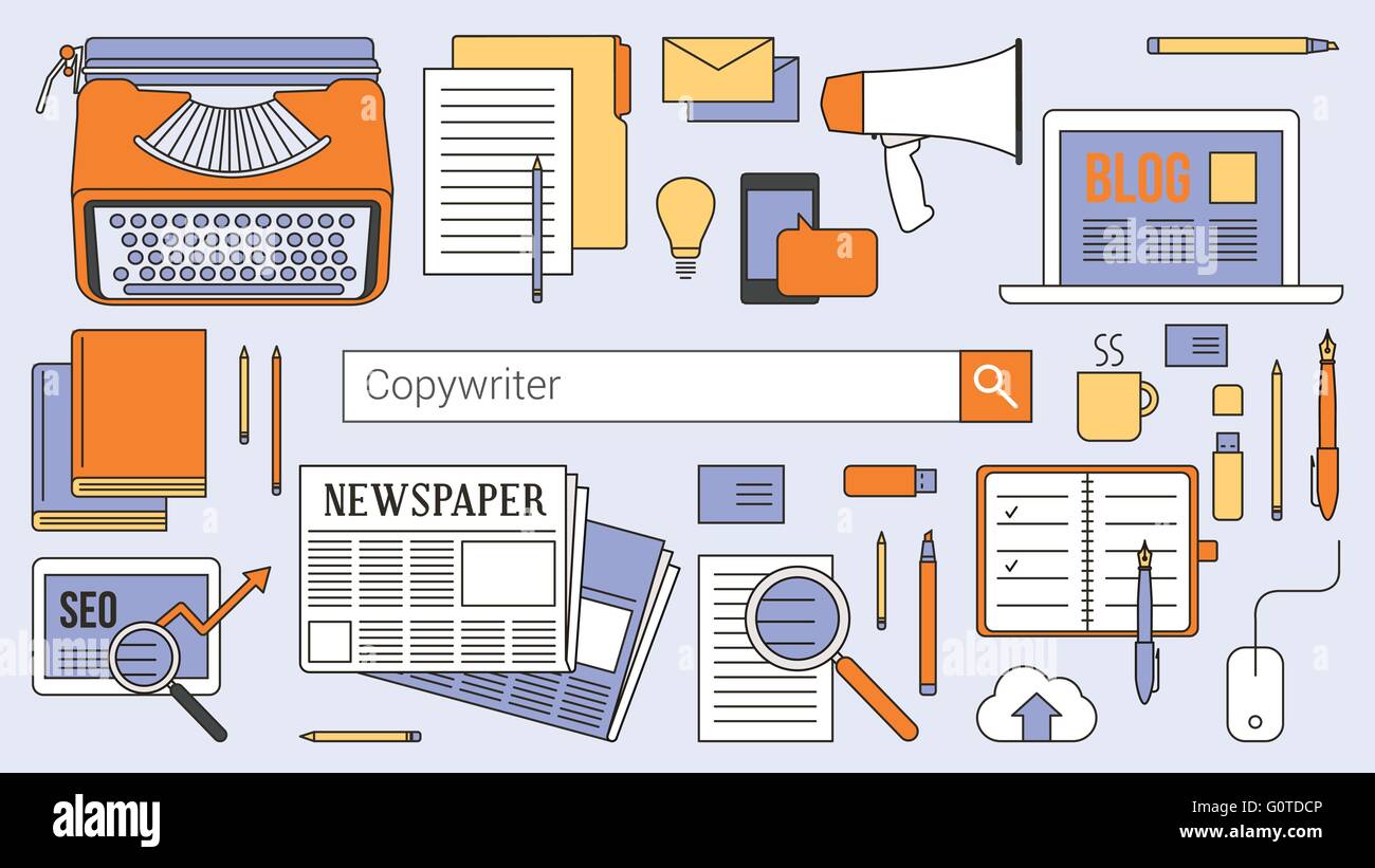 Werbetexter, Journalist und Blogger Banner mit Suchleiste, dünne Linienobjekte und Arbeitsmittel auf einem desktop Stock Vektor