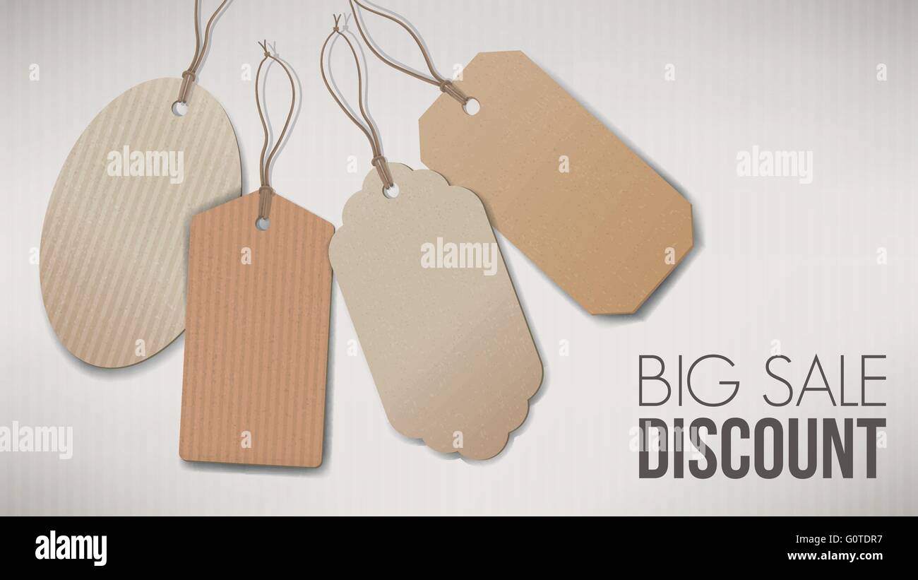 Große Verkaufsbanner mit leeren Karton Tags und Streichern, Rabatt und shopping-Konzept Stock Vektor