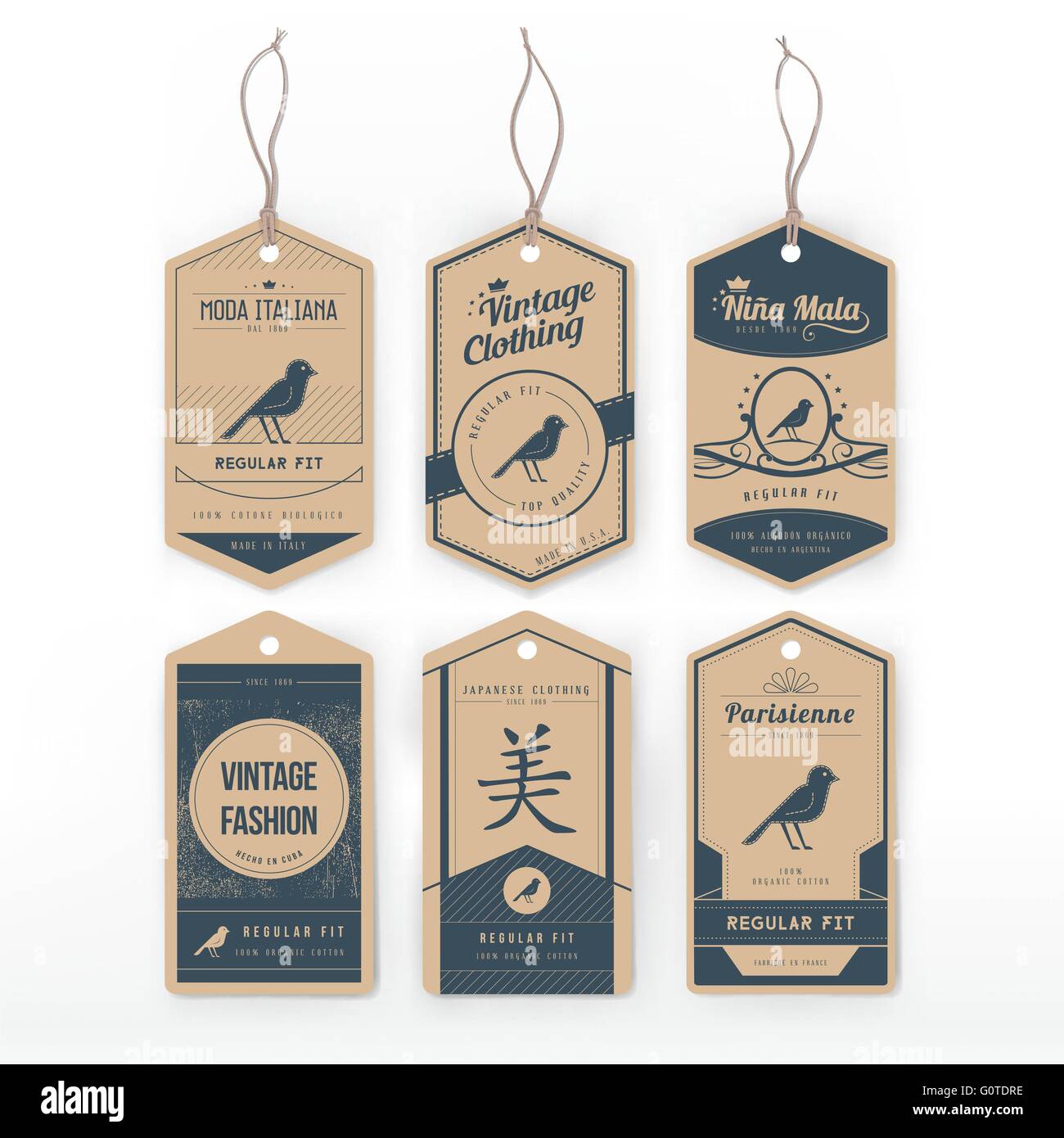 Karton Vintagekleidung Tags eingestellt Wuth, ein Tier und text Stock Vektor