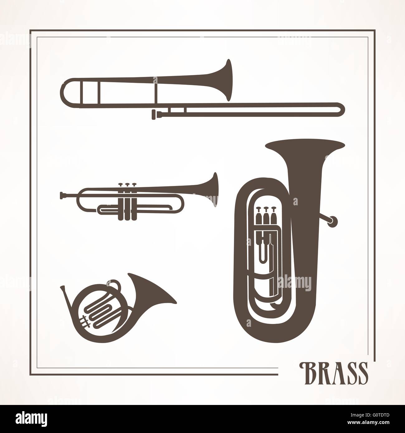 Klassische Messing Musikinstrumente: Trompeten, Horn, Posaune Stock Vektor