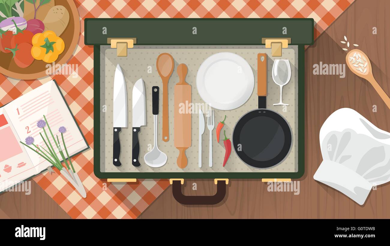Küche und Küchenutensilien in eine offene Vintage Koffer auf einer aufgegebenen Tischdecke mit Chef es Hut, Kochbuch und frischem Gemüse Stock Vektor