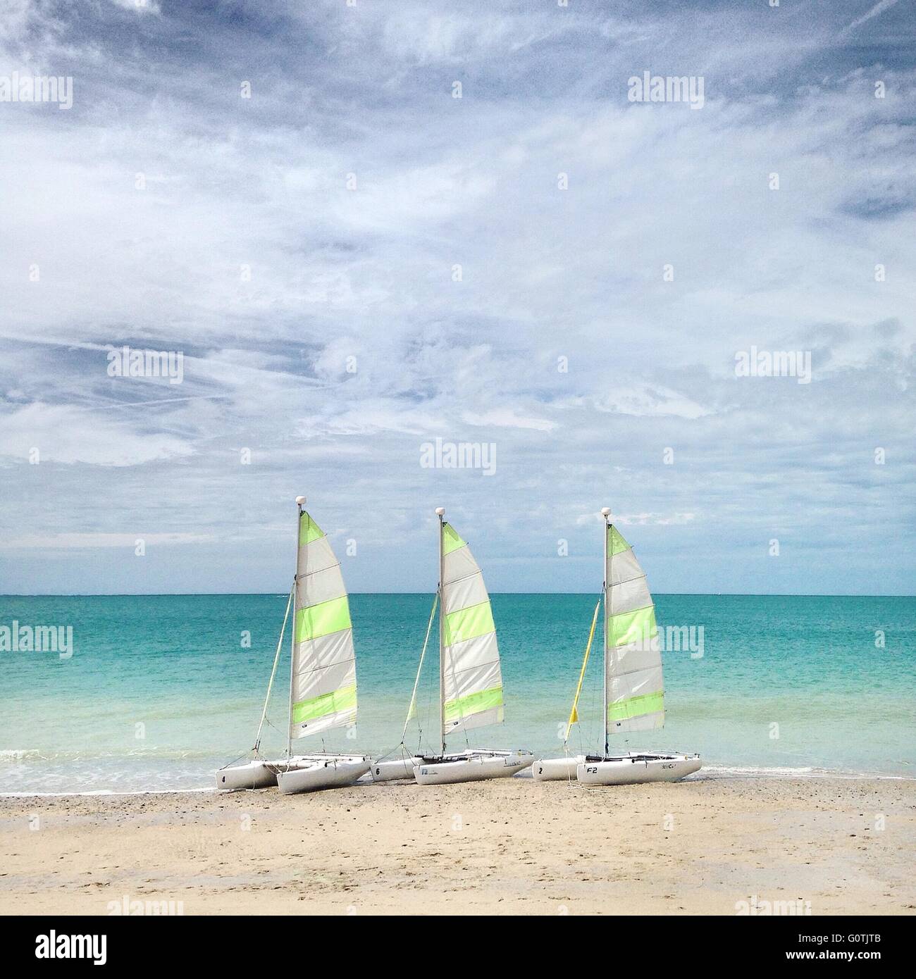 Drei Katamarane am Strand, Coudeville, Normandie, Frankreich Stockfoto