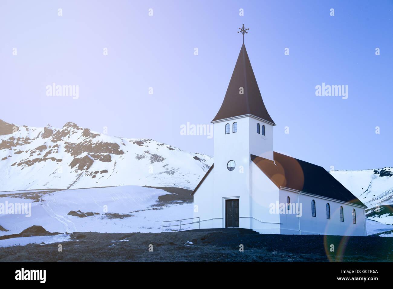 Kirche in ländlichen Landschaft, Vik, Myrdalshreppur, Island Stockfoto