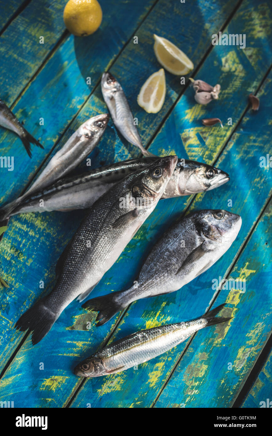 Rohe Dorade, Wolfsbarsch, Sardinen und Makrelen Fische auf einem Holztisch mit Zitrone und Knoblauch Stockfoto