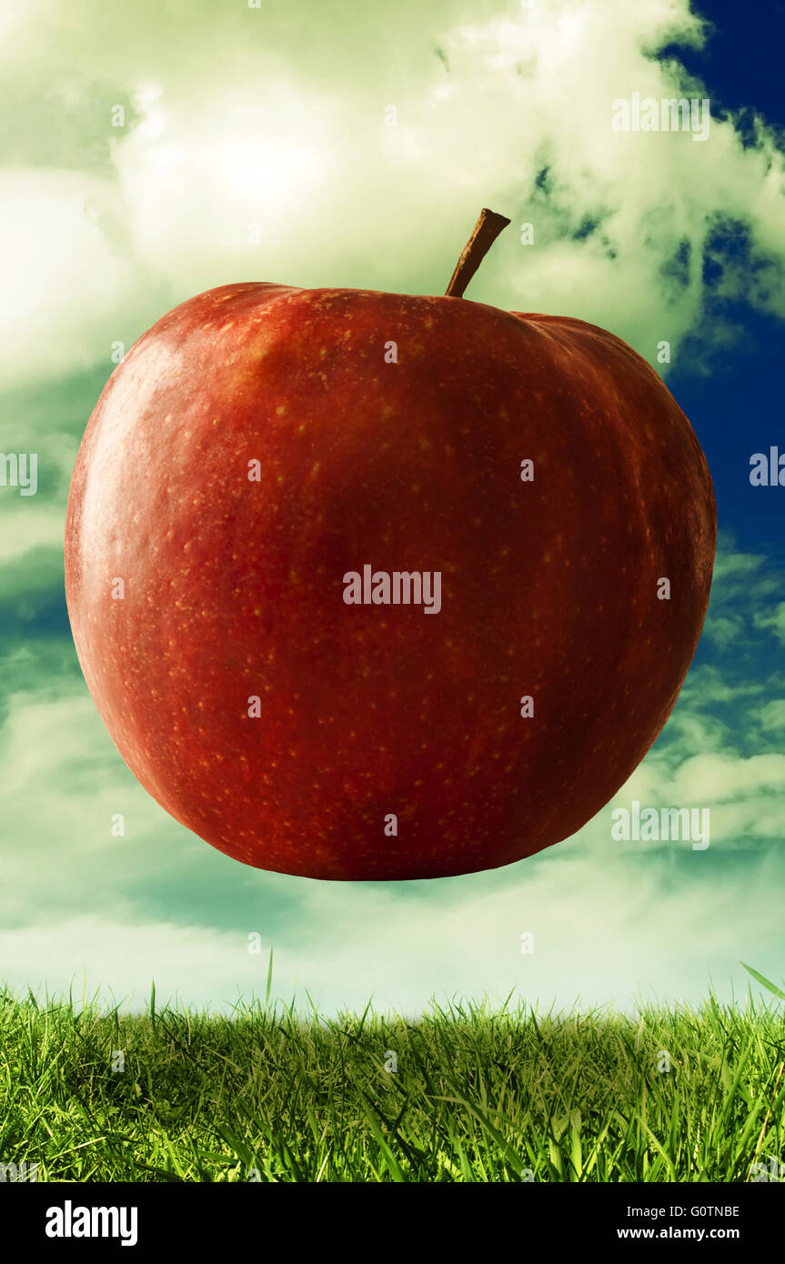 Riesige apple Schweben über einer Wiese, Phantasie, Ideen und Kreativität Konzept Stockfoto