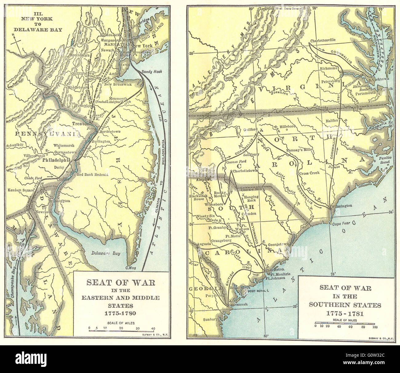 USA: 1775-1783: Krieg, östlichen & Mid West, 1942 Vintage Karte Stockfoto