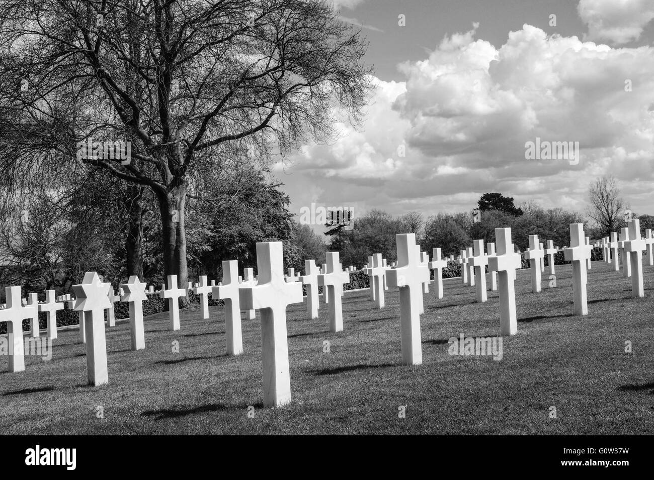 Zweiter amerikanischer Friedhof des Zweiten Weltkriegs, auf dem die zahlreichen Grabsteine des gut gepflegten Friedhofs zu sehen sind. Stockfoto