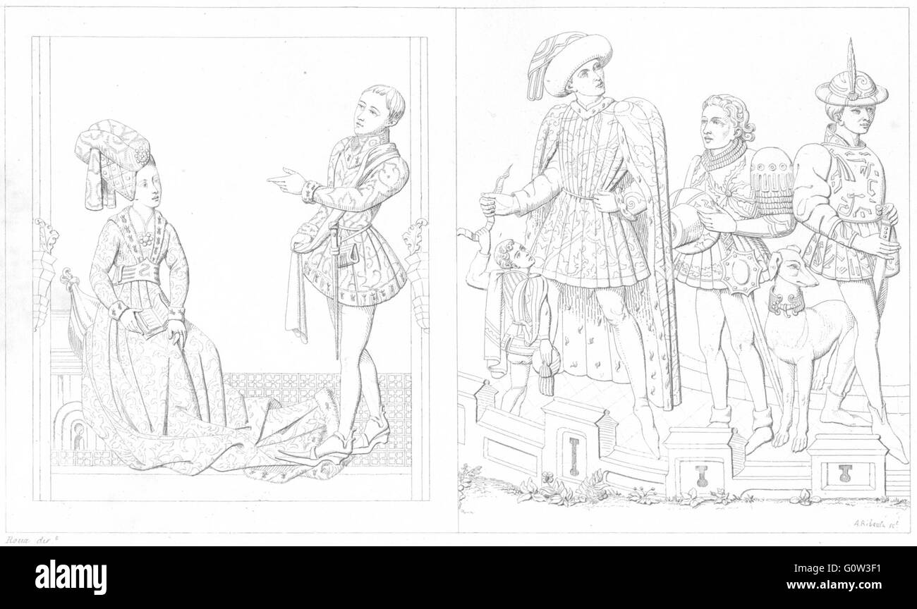 Kostüm: Dame Damoiseau(1450); Seigneur, Seite, Messager Novizin, alte print 1875 Stockfoto