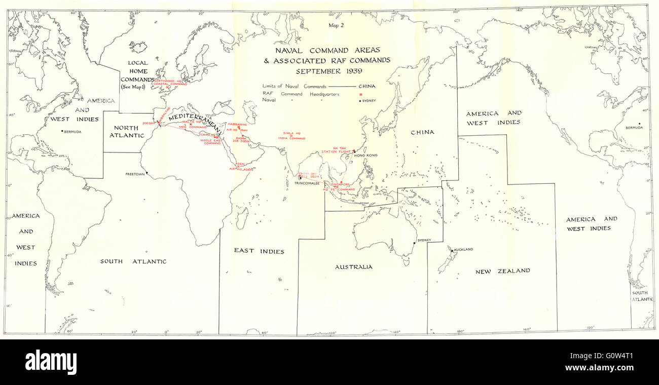 WW2: Naval Command Bereichen & RAF Befehle Karte September 1939, Jahrgang 1954 Stockfoto