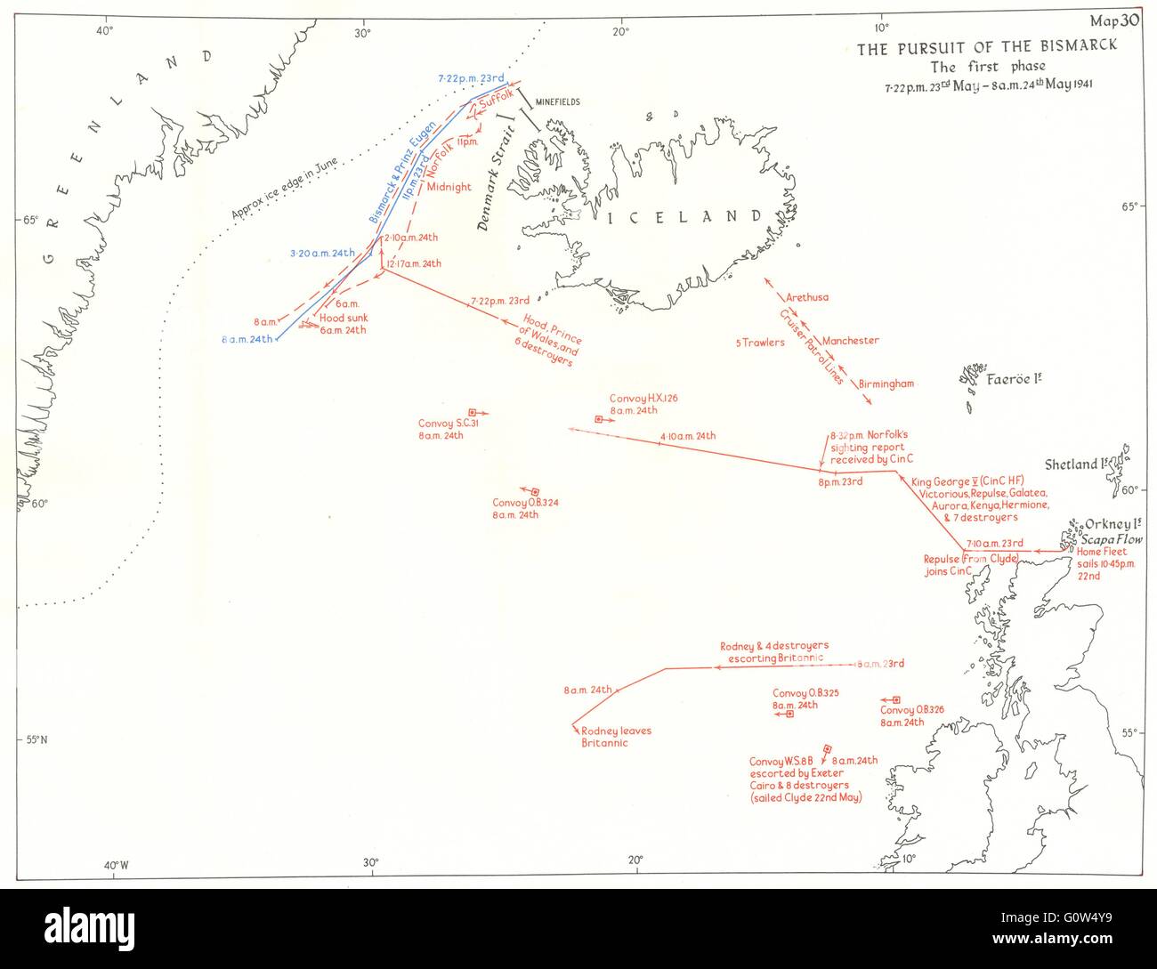 Island: Streben nach Bismarck 1. Phase 7-22 Uhr 23. Mai-8 Uhr 24. 1941 1954 Karte Stockfoto