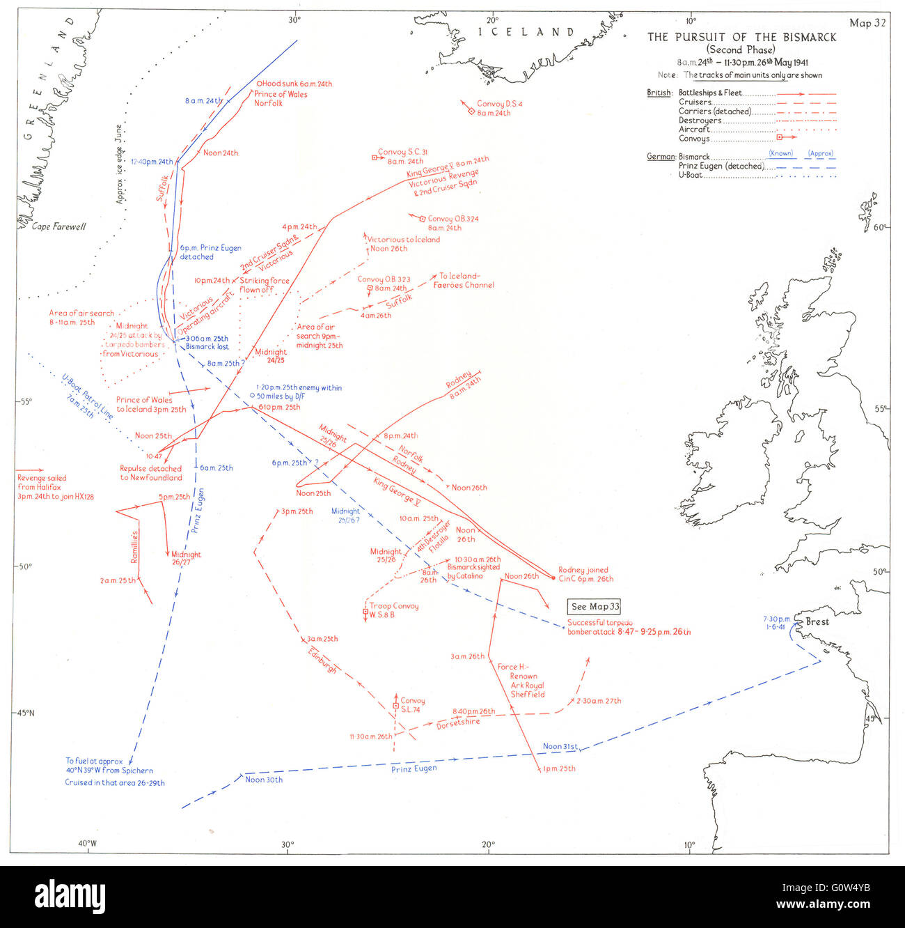 ATLANTIC: Streben nach Bismarck 8 24.-11-30 Uhr 26. Mai 1941, 1954 alte Karte Stockfoto