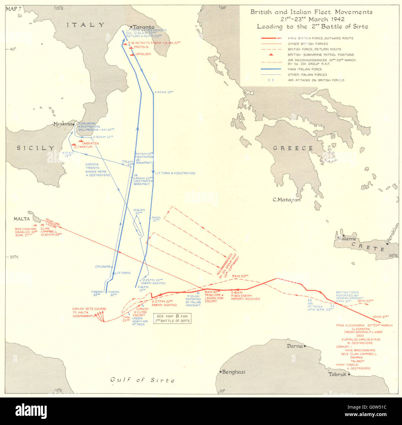 Libyen: Britische & italienische Flotte Tracks März 1942: 2. Schlacht von Sirte, 1956 Karte Stockfoto