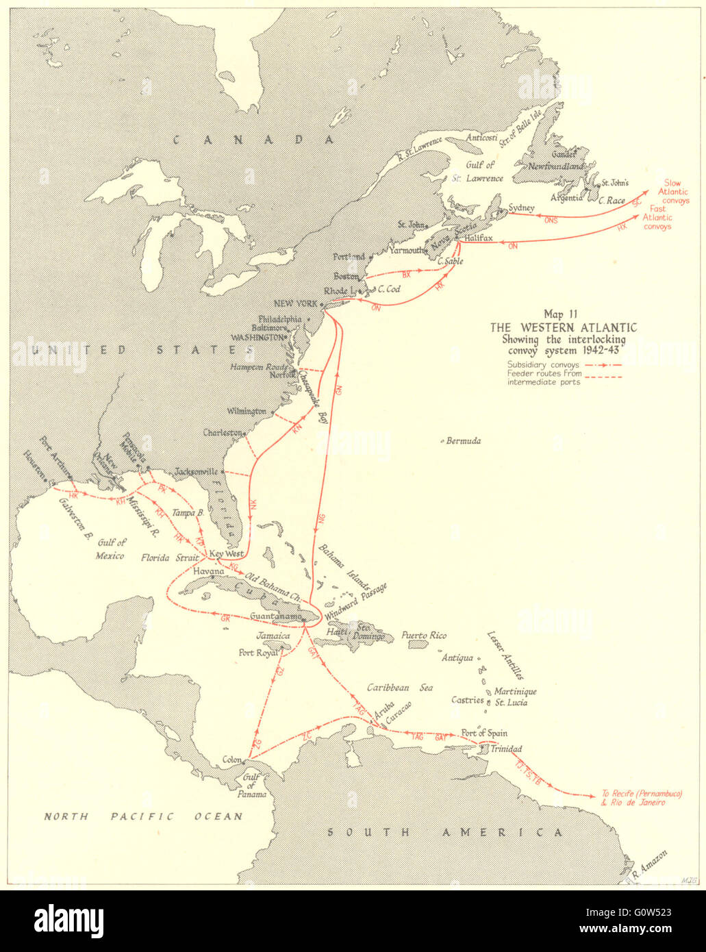Schlacht des Atlantiks: Westatlantik: Konvoisystem 1942 / 43, 1956 alte Karte Stockfoto