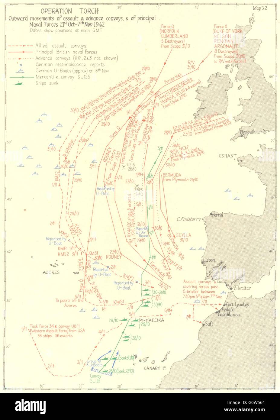 Algerien: Operation Torch: Assault & Konvois; Naval Forces Okt-Nov 1942, 1956 Karte Stockfoto