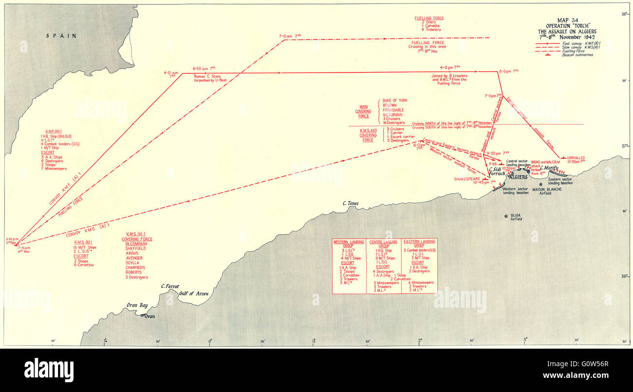 Algerien: Operation Torch Angriff, Algier 7. / 8. November 1942, 1956 Vintage Karte Stockfoto