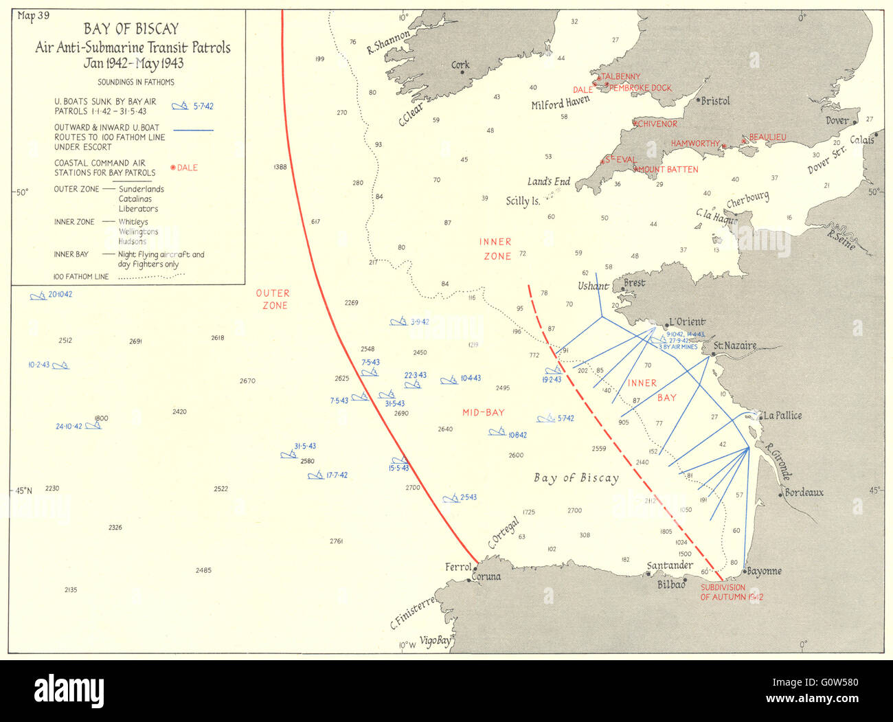 Golf von Biskaya: Anti-Submarine Luftpatrouillen 1942 / 43, Jahrgang 1956 Karte Stockfoto