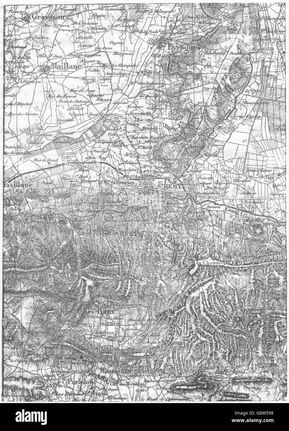 VAUCLUSE: Avignon: Maillane, St-Remy, Baux, d'apres l ' Etat-Major, Skizze Karte 1880 Stockfoto