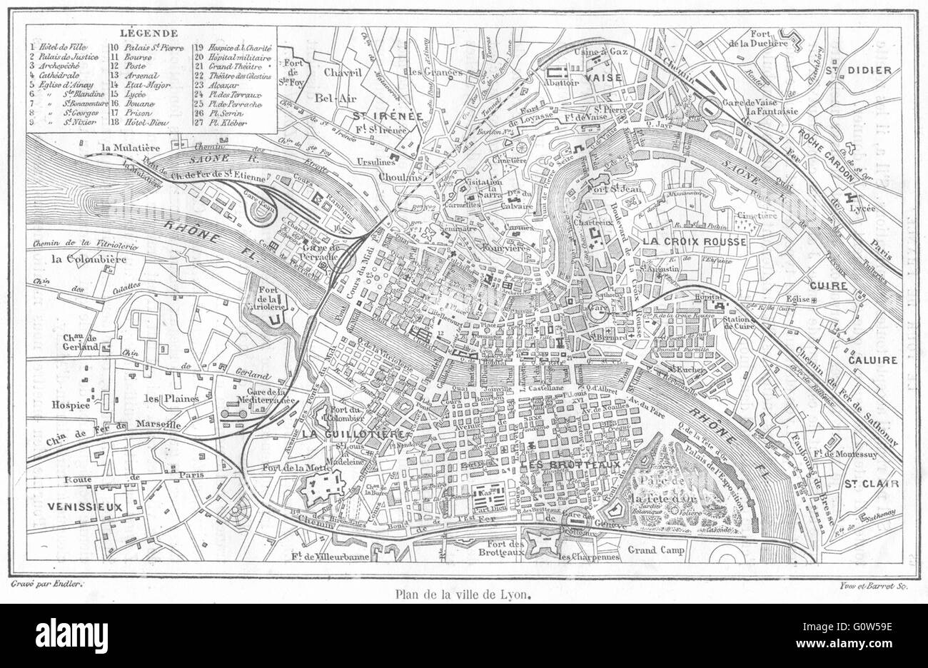 Rhone: Avignon: Plan De La Ville de Lyon, 1880 Antike Landkarte Stockfoto