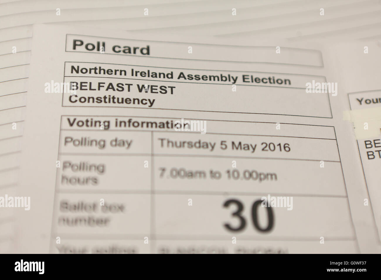 Belfast, Nordirland 5. Mai 2016. Ein Nordirland Versammlung Wahl Umfrage Karte für den Wahlkreis Belfast West Stockfoto