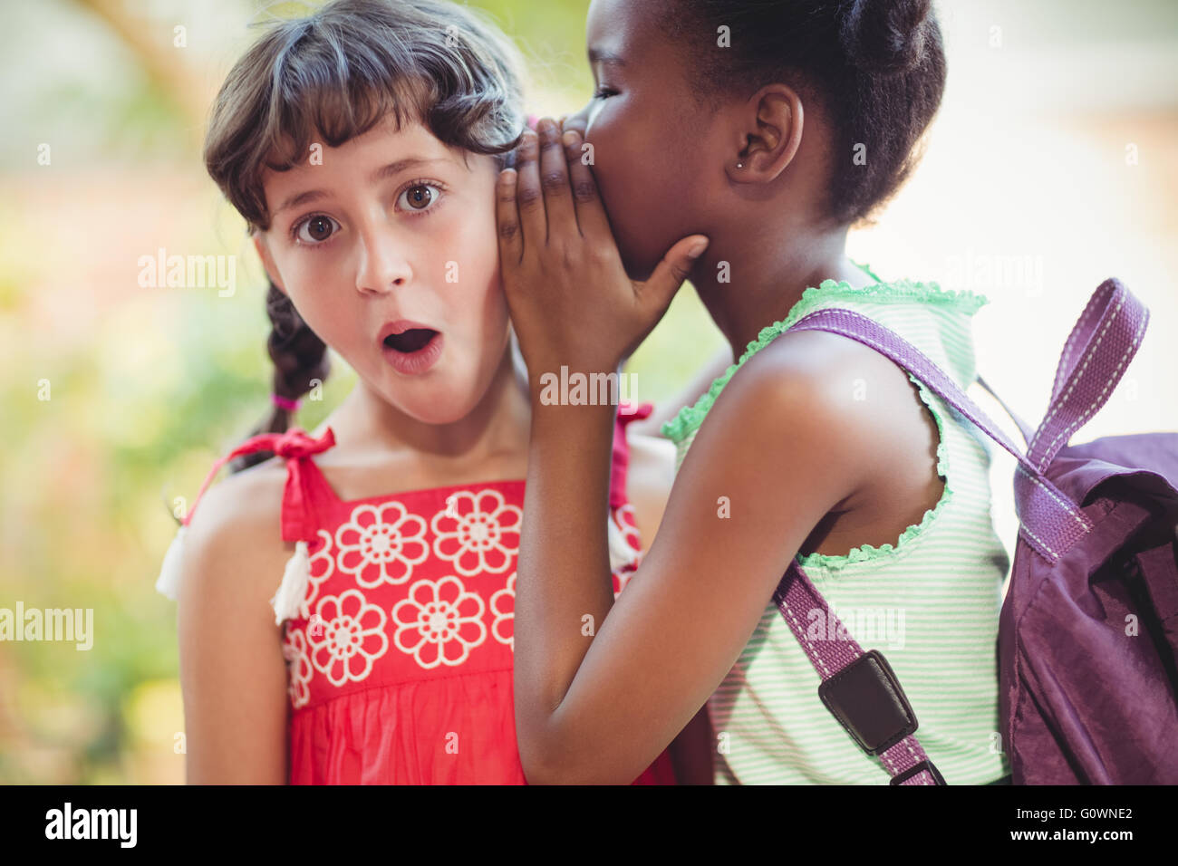 Mädchen ein Geheimnis ihrer Freundin erzählen Stockfoto