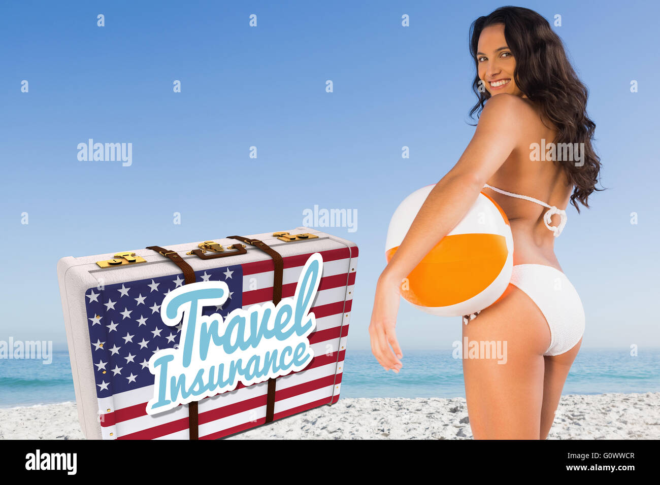 Zusammengesetztes Bild der Reisen Versicherung Nachricht auf einen amerikanischen Koffer Stockfoto