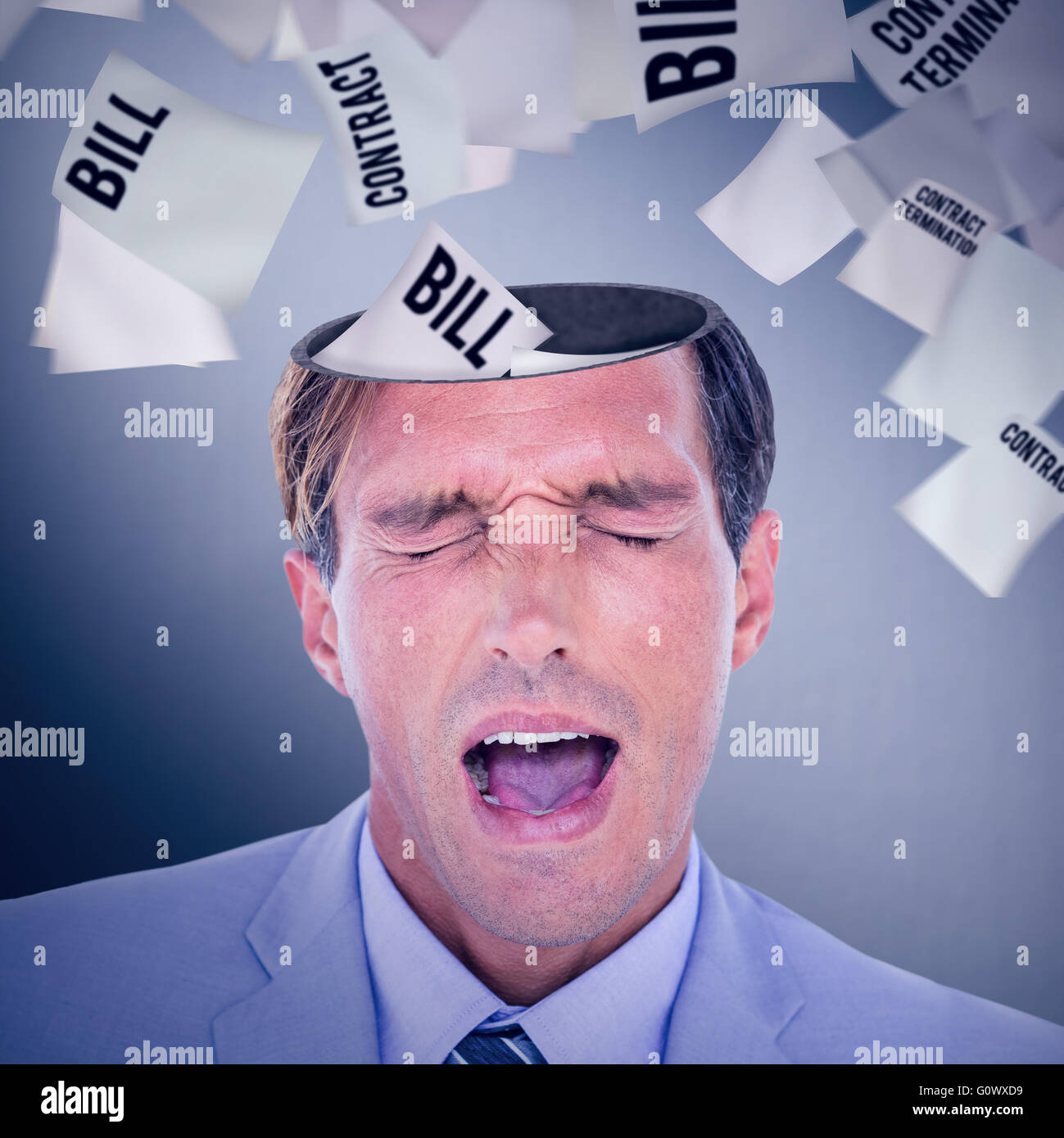 Zusammengesetztes Bild von gestressten Geschäftsmann bekommen Kopfschmerzen Stockfoto