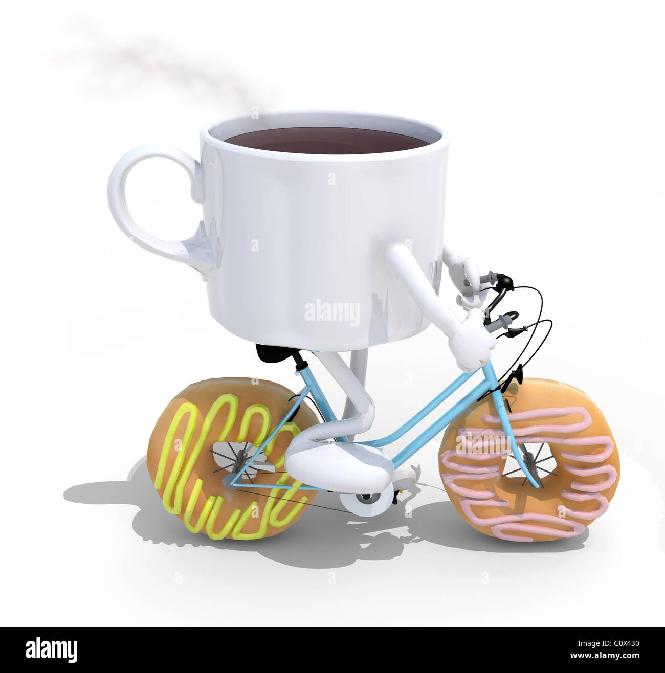 Cartoon-Kaffee Tasse Reiten Fahrrad mit Donuts stattdessen Räder, 3d illustration Stockfoto Cartoon-Kaffee Tasse Reiten Fahrrad mit Donuts stattdessen Räder, 3d illustration Stockfoto
