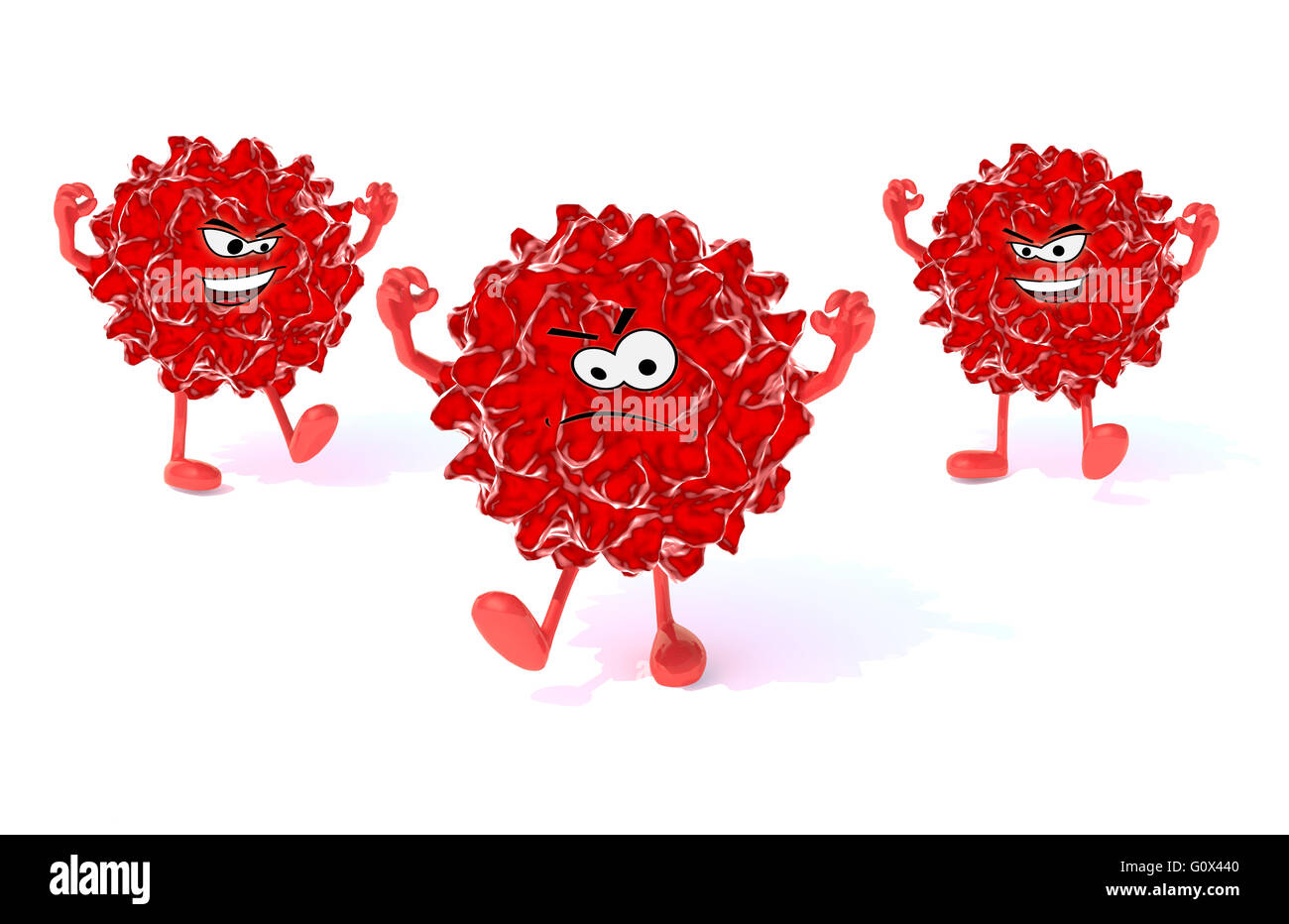 drei rote Virus mit Armen, Beinen und Gesicht, 3d illustration Stockfoto