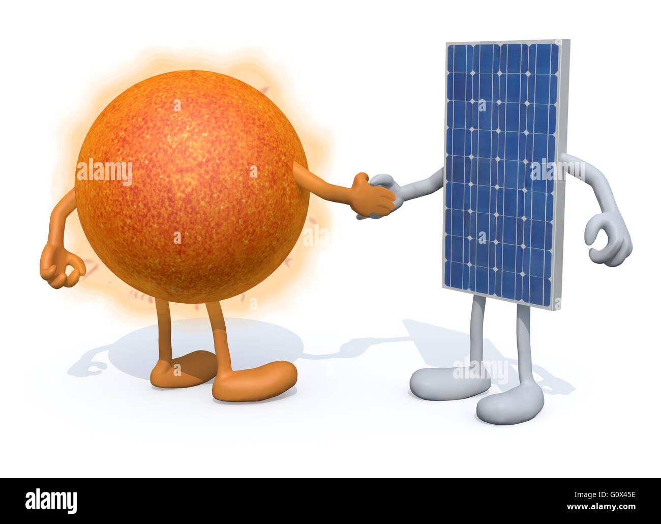ein die Sonne und das Solarpanel mit Armen und Beinen Hände schütteln, 3d Illustration Stockfoto
